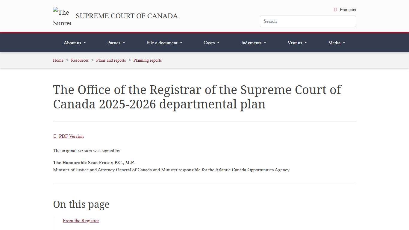 Supreme Court of Canada | The Office of the Registrar of the Supreme Court of Canada 2025-2026 departmental plan
