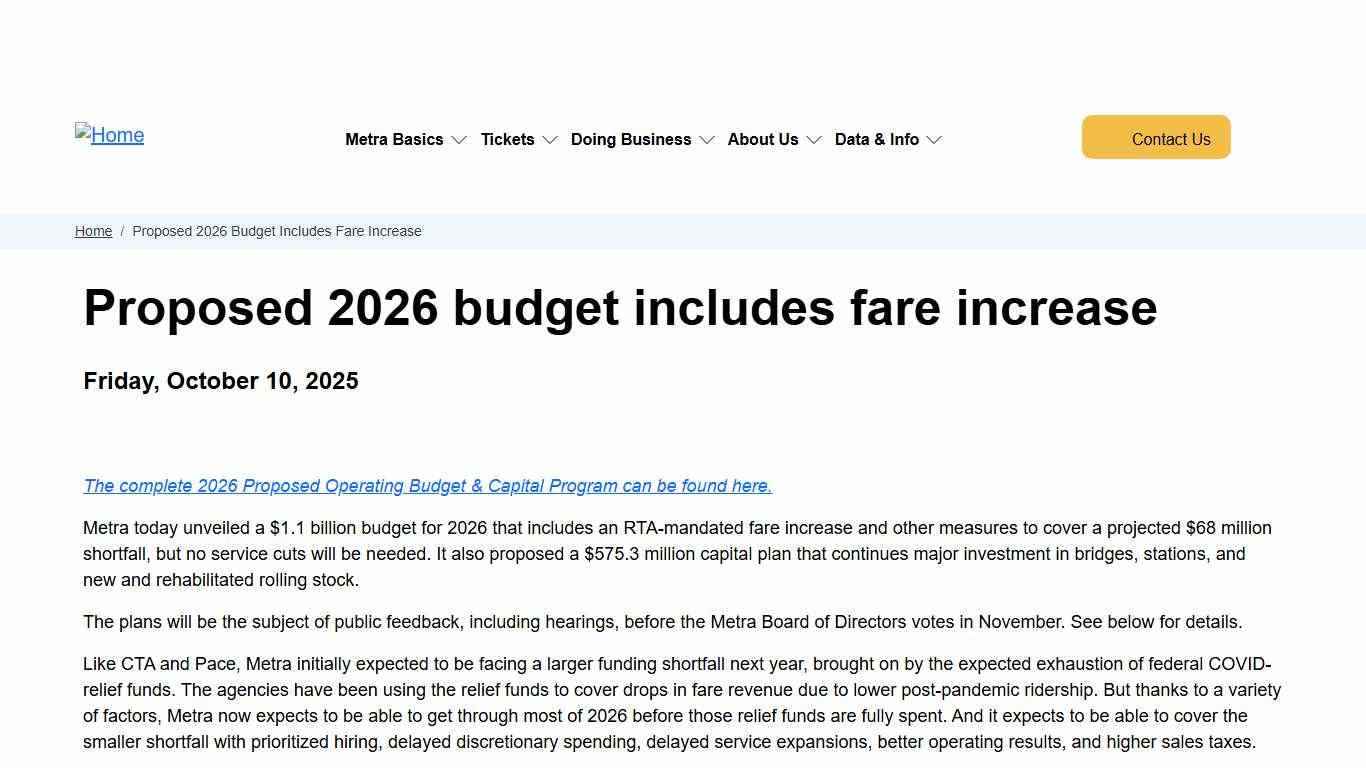 Proposed 2026 budget includes fare increase | Metra